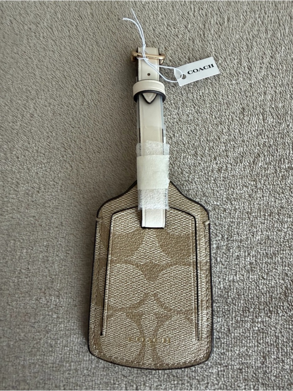 Coach Canvas Luggage Tag in Tan and Cream with Gold Hardware
